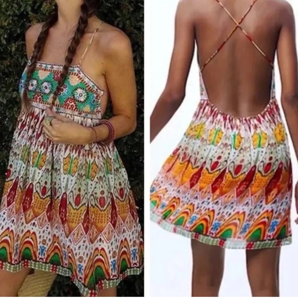 Zara Embroidered Beaded Mini Dress. Size large - Picture 3 of 6